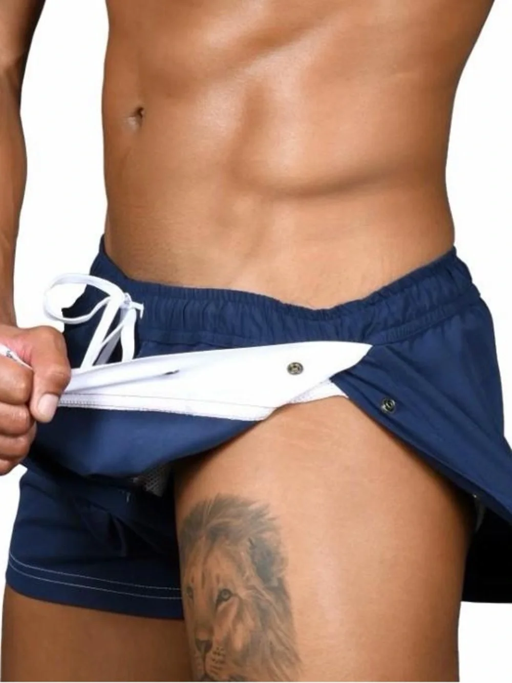 Andrew Christian Men's Navy Swim Shorts with Red Stripe S
